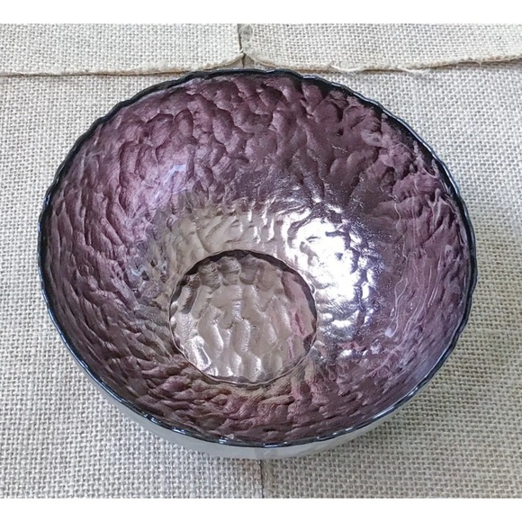 Textured Pewter Bowl With Glossy Purple Enamel Interior Scalloped Rim Whimsigoth - Picture 2 of 4